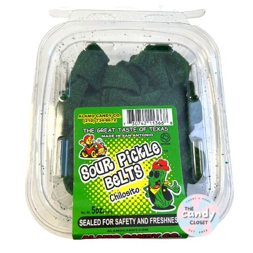 Alamo Candy Co. Sour Pickle Belts 5oz Tub The Candy Closet