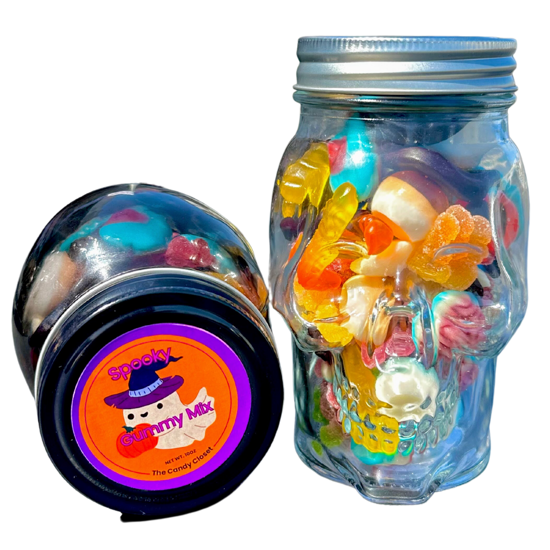 Spooky Gummy Mix in Glass Skull Container