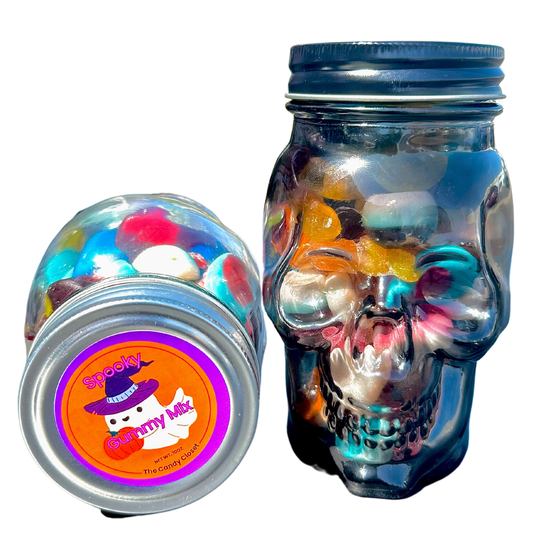 Spooky Gummy Mix in Glass Skull Container